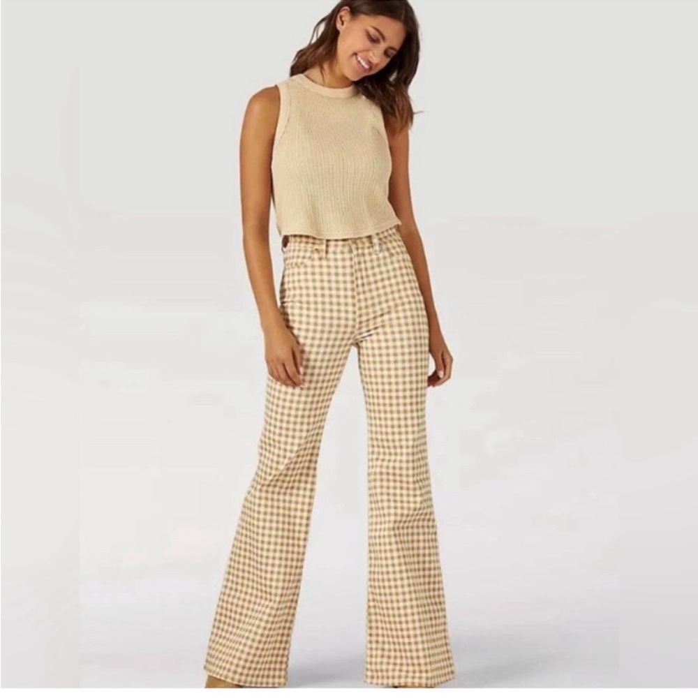 High-Rise Gingham Flare Pants - Cream & Tan